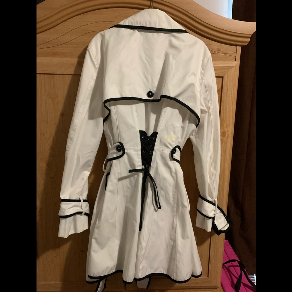 Betsey Johnson trench coat in white with black trim and corset ties in the back